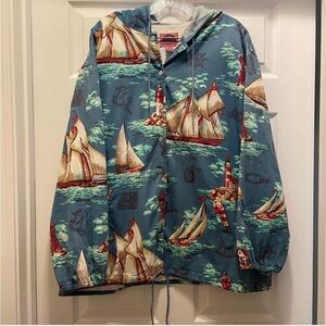 Vintage Nautical Lighthouse Ship Print Jacket | Coastal Cottagecore XL